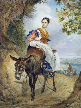 Impressionismus Werke - Porträt von o p ferzen auf einem Esel karl Bryullov schöne Frau Dame